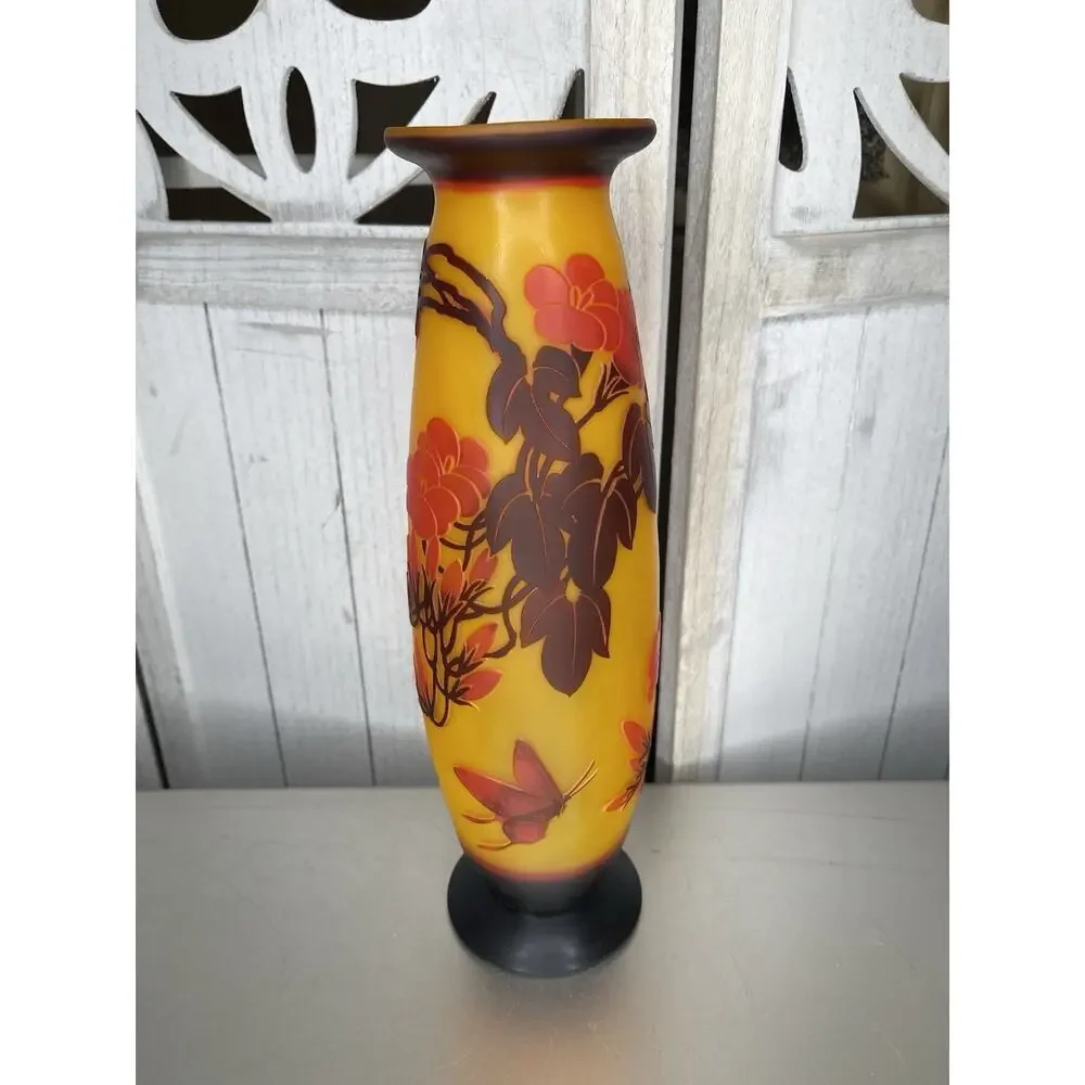 Cameo ART Nouveau Glass VASE Galle French Style Repro Amber Red Butterfly